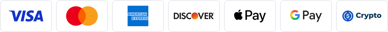 We accept Visa, Mastercard, American Express, Discover, Apple Pay, Google Pay and crypto