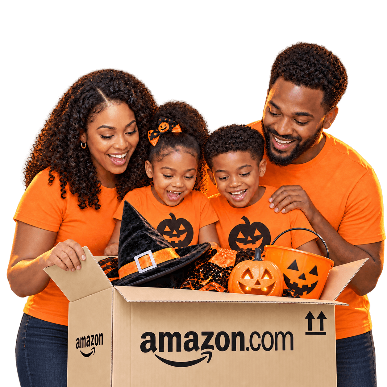 Family unpacking Halloween costumes, a witch hat and pumpkins from a box